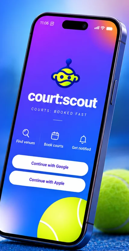 The court:scout sign-in screen on an iPhone: the logo, the words Find venues, Book courts, Get notified, and buttons to continue with Google or Apple.