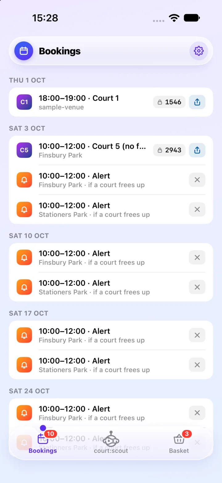 The court:scout Bookings screen: your booked courts with their gate PINs, and the alerts waiting for a court to free up.
