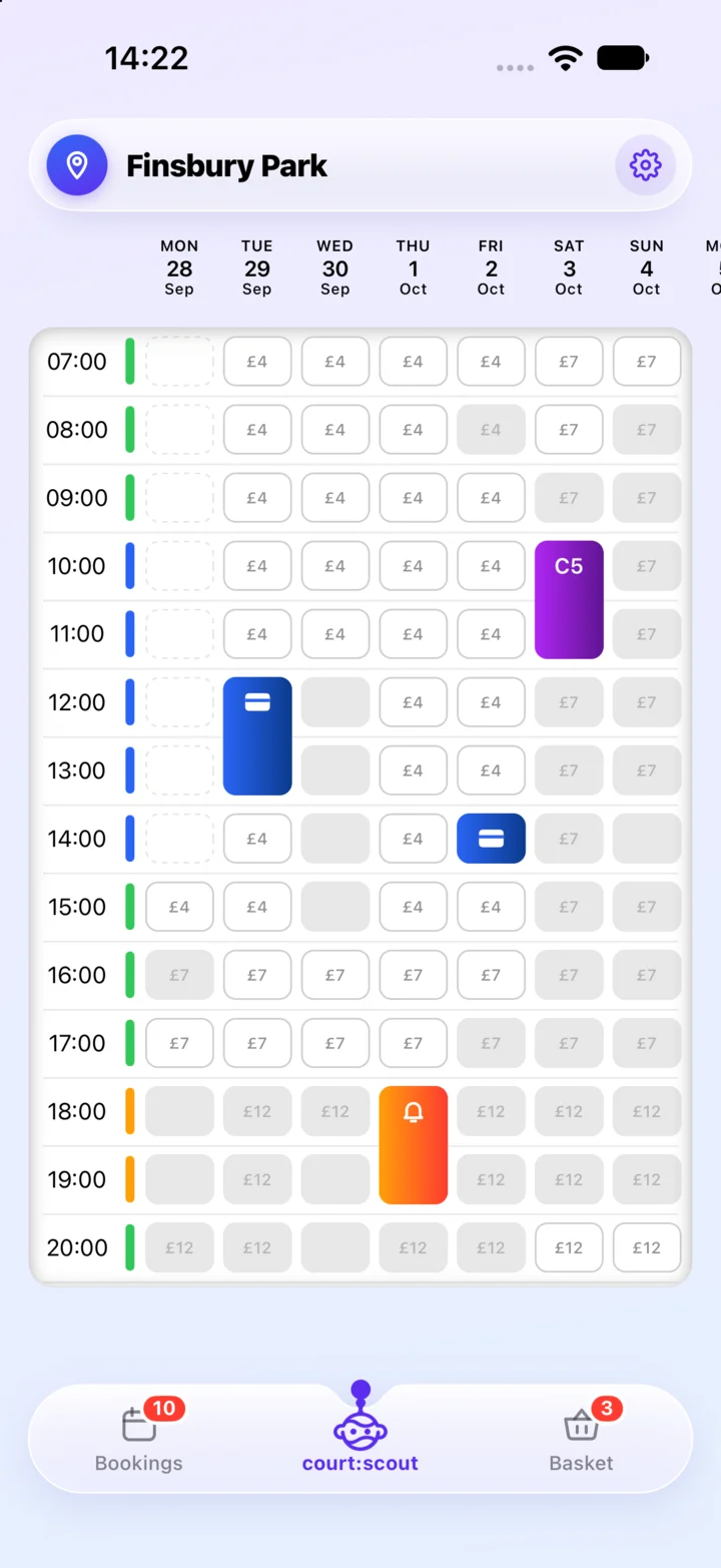 The court:scout app showing a week of court times at Finsbury Park, with free slots, your bookings and an alert.